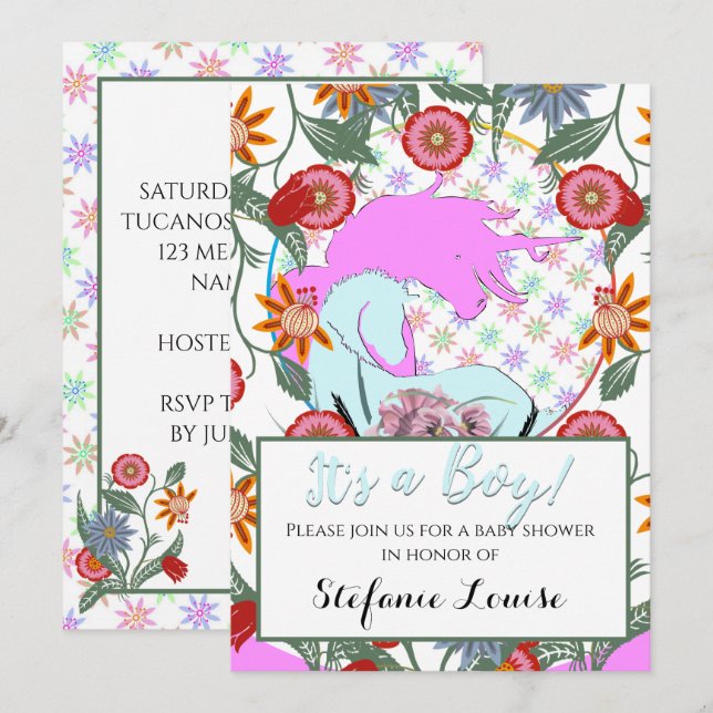 Blühen Unicorn Pink Es ist ein Junge! (Blume und R Einladung (Vorne/Hinten)