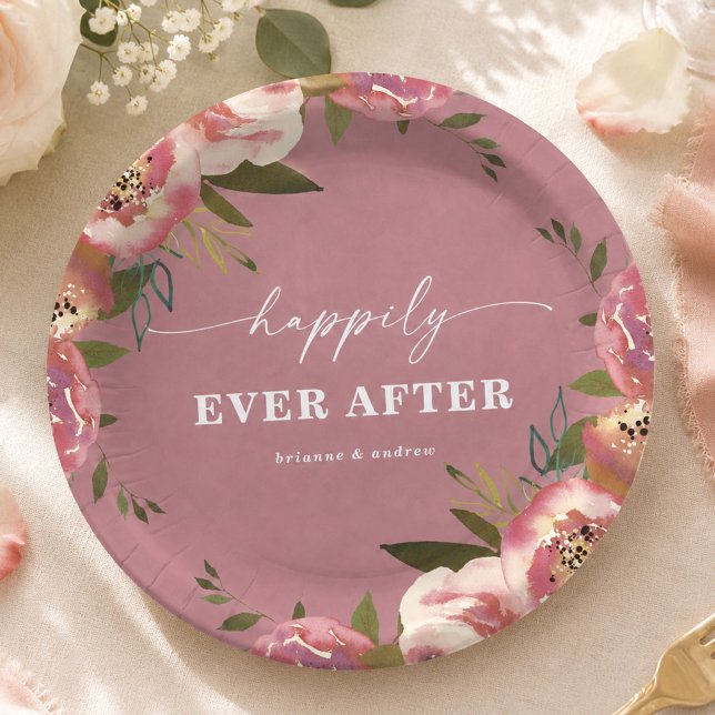 Blühend Chic Rosarote Florale Hochzeitsfeier Pappteller (Lovely wild rose pink happily ever after wedding reception paper plates)