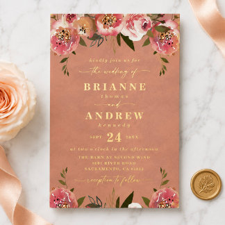 Blühend Chic Rustikale Pfirsich-Foto-Hochzeit Gold Folieneinladung