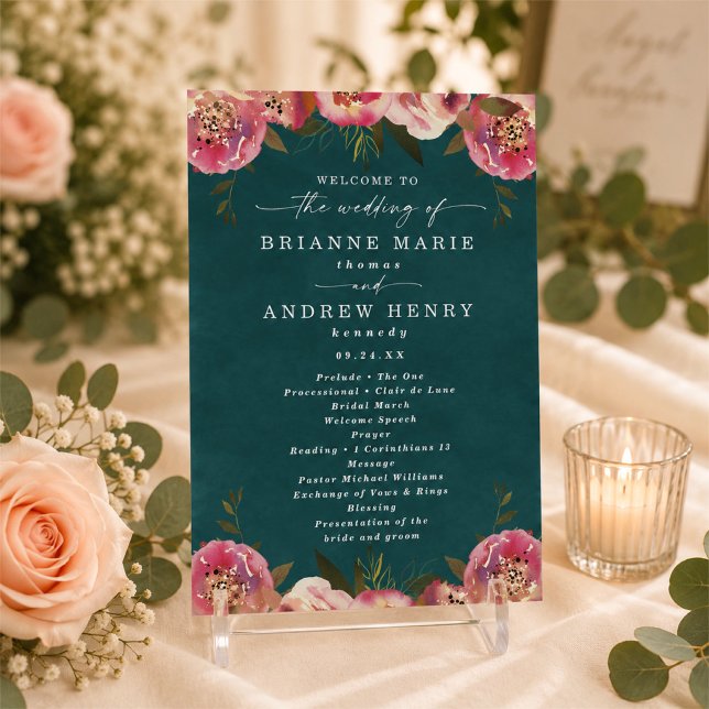 Blühend Chic Tief Tealgrüne Hochzeitszeremonie Programm (Elegant dark teal and pink floral wedding program cards)