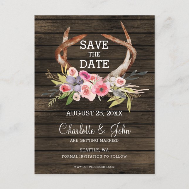 blühende Antlers Land schicke Hochzeit Ankündigungspostkarte (Vorderseite)