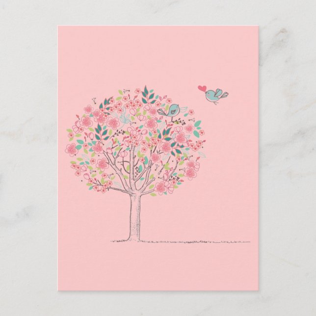Blühende Bäume und Vögel in Liebe Postkarte (Vorderseite)