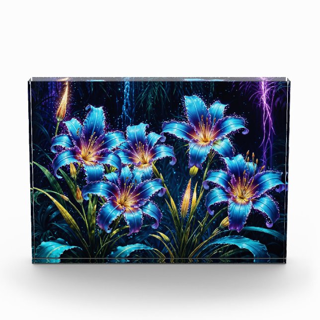 Blühende blaue Lilien in der Nacht lebendige Blume Fotoblock (Vorderseite)
