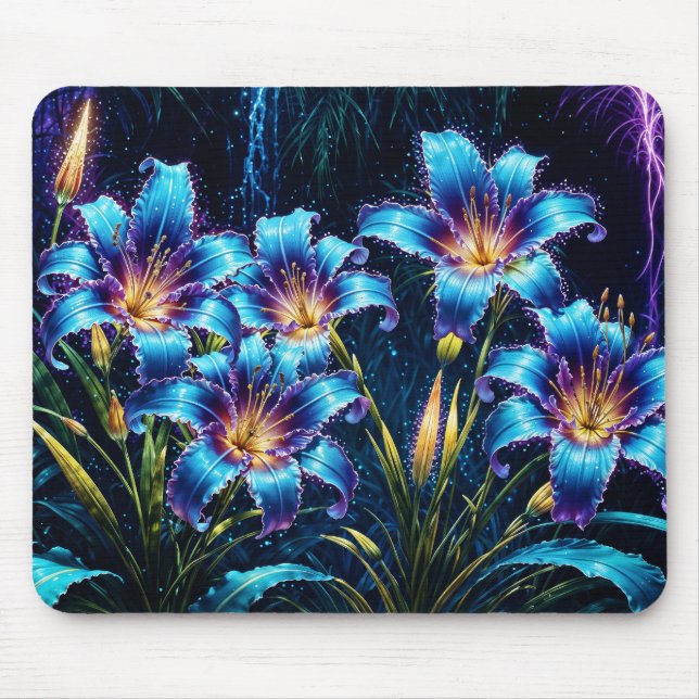 Blühende blaue Lilien in der Nacht lebendige Blume Mousepad (Vorne)
