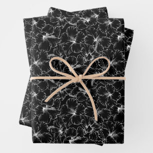 Blühende Blume des weißen Hibiskus auf schwarz Geschenkpapier Set