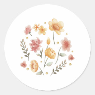 Blühende Blumen und Blätter Aquarell Runder Aufkleber
