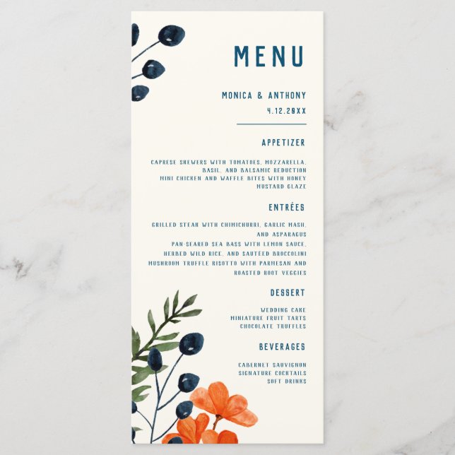 Blühende Botanicals Orange Blues Hochzeit Menükarte (Vorderseite)