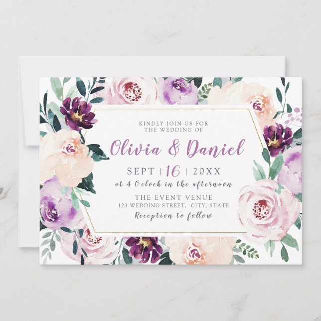 Blühende botanische Hochzeit mit lila Blumen Einladung (Vorderseite)