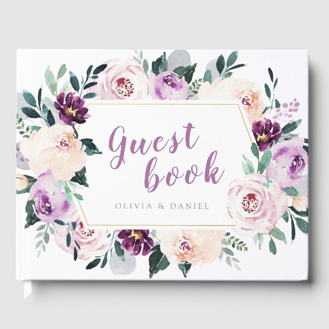 Blühende botanische Hochzeit mit lila Blumen Gästebuch (Vorderseite)