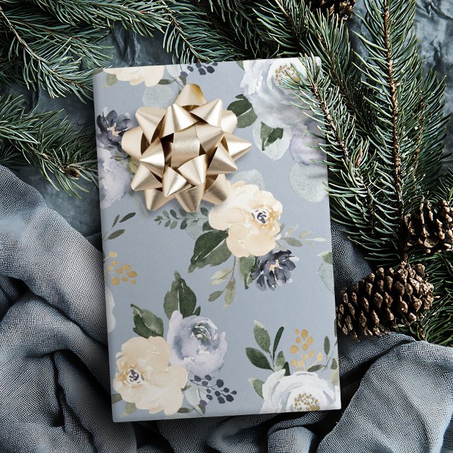 Blühende botanische staubblaue Aquarellblüte Geschenkpapier (Blooming botanical dusty blue watercolor floral wrapping paper)
