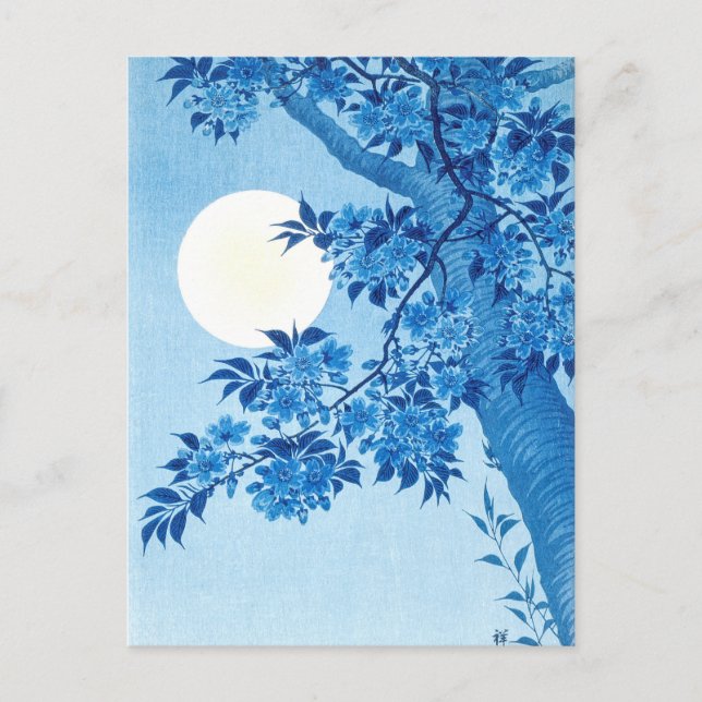Blühende Cherry Moonlit Night Ohara Koson Blue Postkarte (Vorderseite)