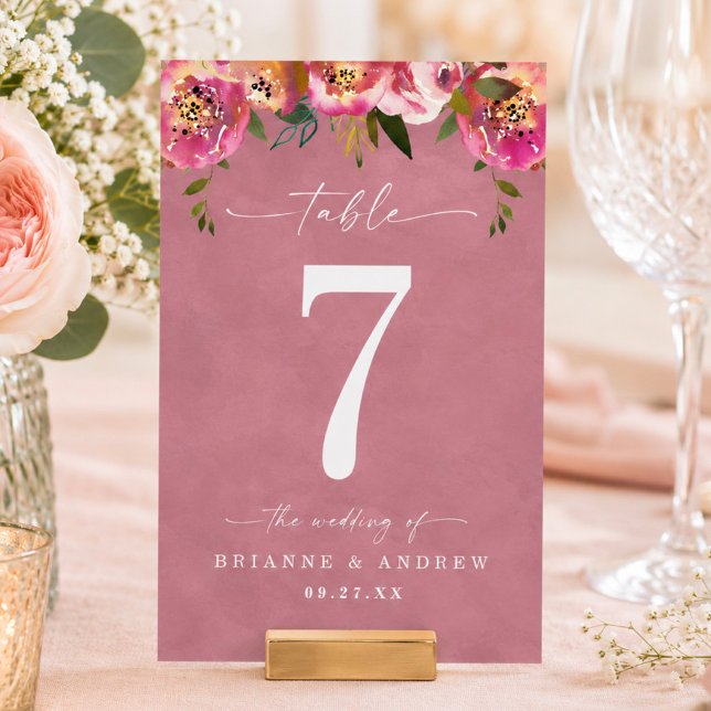 Blühende Chic Wild Rose Pink Hochzeit Tischnummer (Elegant wild rose pink floral wedding reception or dinner party table numbers)