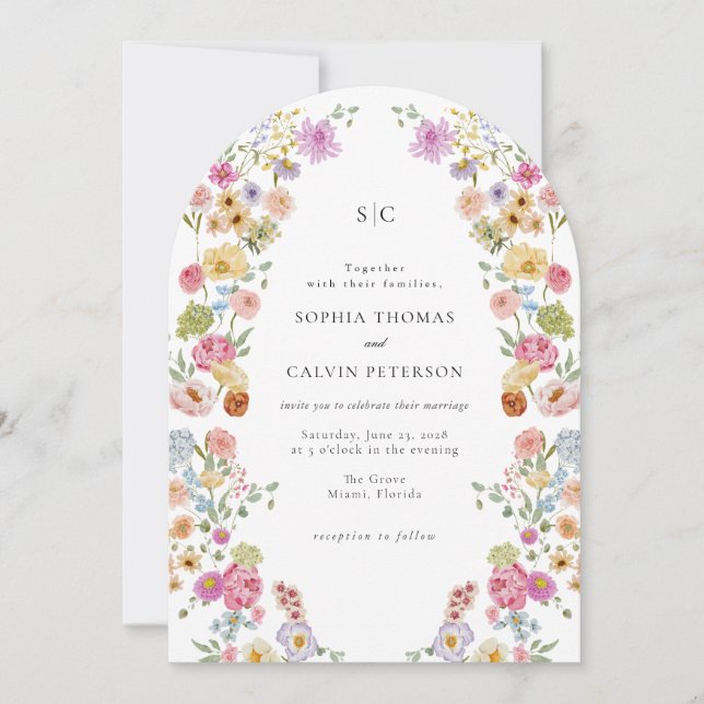 Blühende farbenfrohe blumenreiche Hochzeitseinladu Einladung (Vorderseite)