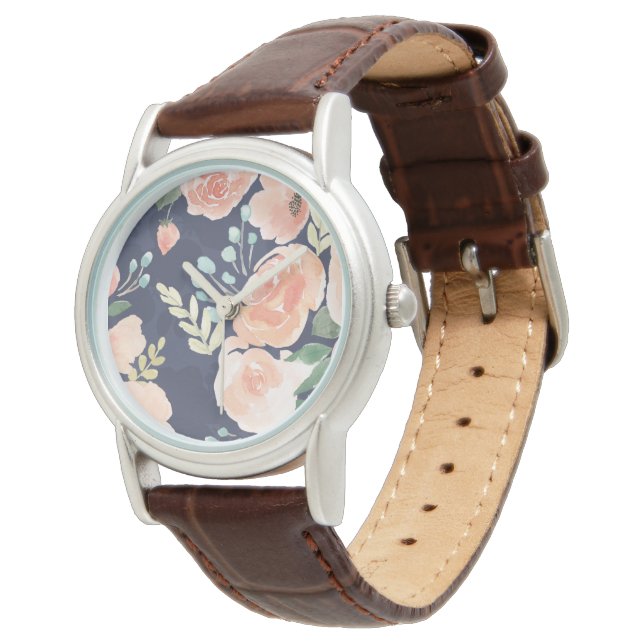 Blühende Freude | Peach & Blue Rose & Poppies Armbanduhr (Schrägansicht)