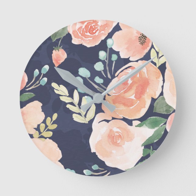 Blühende Freude | Peach & Blue Rose & Poppies Runde Wanduhr (Vorderseite)