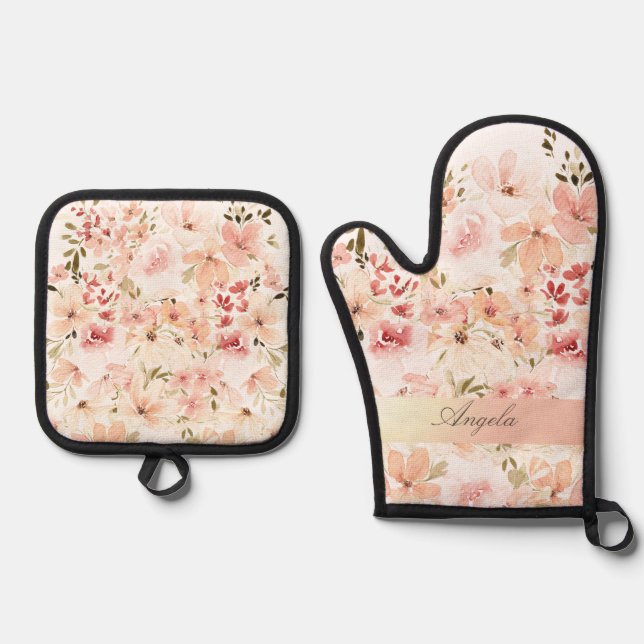Blühende Frühlingsblumen Ofenhandschuh & Topflappen-Set (Vorderseite)