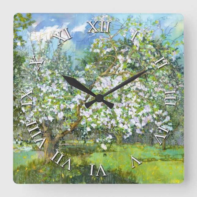 Blühende Gartenmalerei Aquarell Quadratische Wanduhr (Vorderseite)