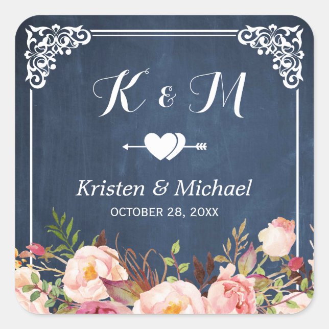Blühende Gastgeschenk Hochzeit für Navy-Chalkboard Quadratischer Aufkleber (Vorderseite)