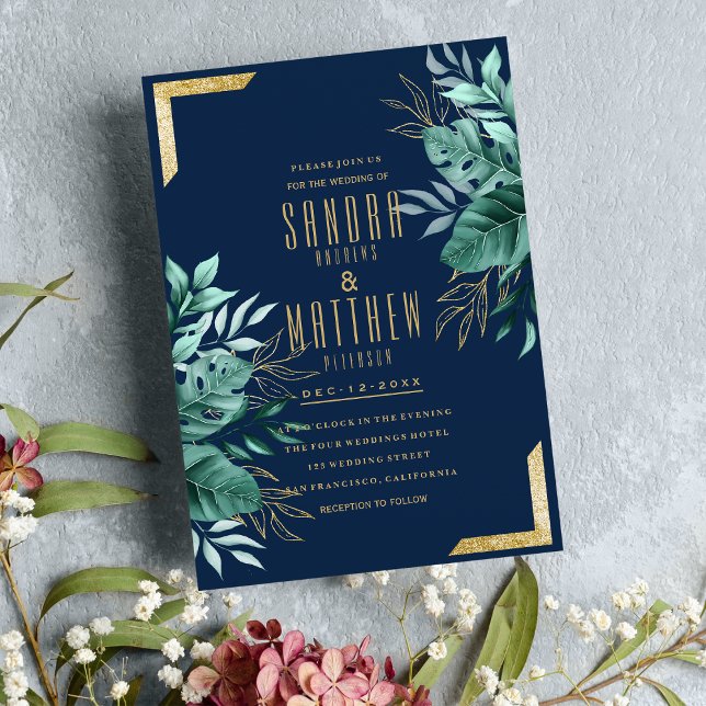 Blühende Hochzeit des tropischen Glitzer Einladung (Tropical navy blue gold glitter floral Wedding )