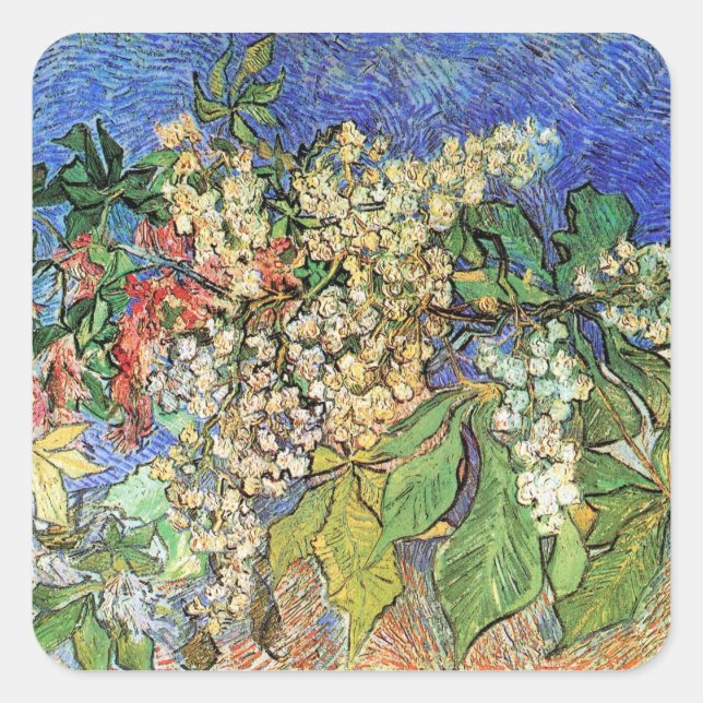 Blühende Kastanienzweige von Vincent van Gogh Quadratischer Aufkleber (Vorderseite)