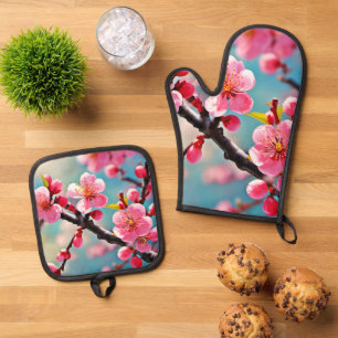 Blühende Kirschblüten im Frühling Ofenhandschuh & Topflappen-Set