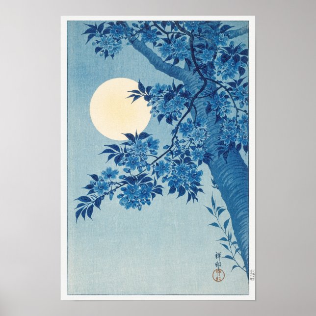 Blühende Kirsche an einer mondbeleuchteten Nacht v Poster (Vorne)