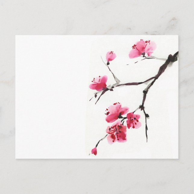 Blühende Kirsche. Frühling. Tinte und Bürste. Postkarte (Vorderseite)