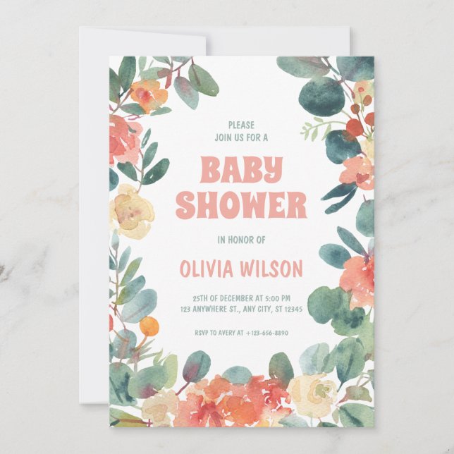Blühende Liebe: Green & Coral Baby Shower Einladung (Vorderseite)