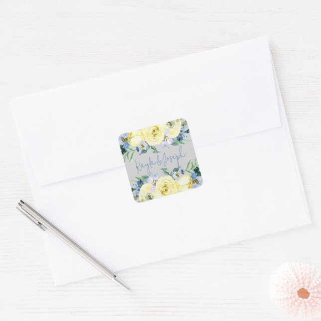 Blühende Liebe Hochzeit der Blauen Blütenblume Quadratischer Aufkleber (Umschlag)