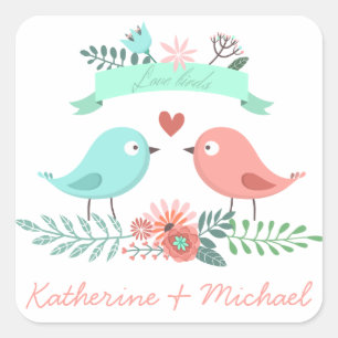 Blühende Liebesvögel Personalisierte Hochzeit Rosa Quadratischer Aufkleber