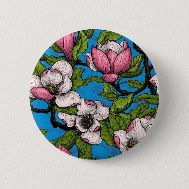 Blühende Magnolie auf blau Button (Vorderseite)