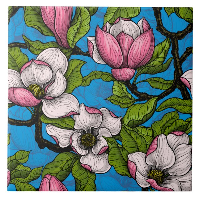 Blühende Magnolie auf blau Fliese (Vorderseite)