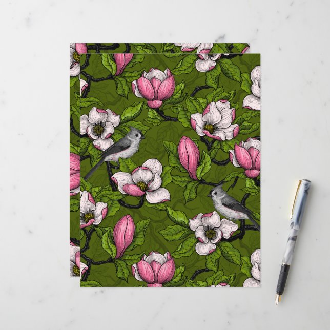 Blühende Magnolie und Titmausvogel 2 (Vorderseite/Rückseite Beispiel)