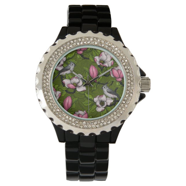 Blühende Magnolie und Titmausvogel 2 Armbanduhr (Vorderseite)