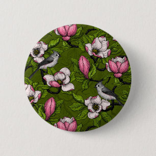 Blühende Magnolie und Titmausvogel 2 Button