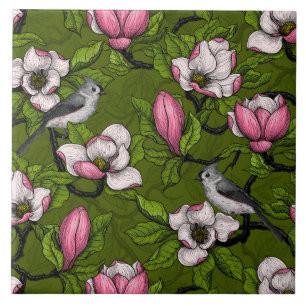 Blühende Magnolie und Titmausvogel 2 Fliese