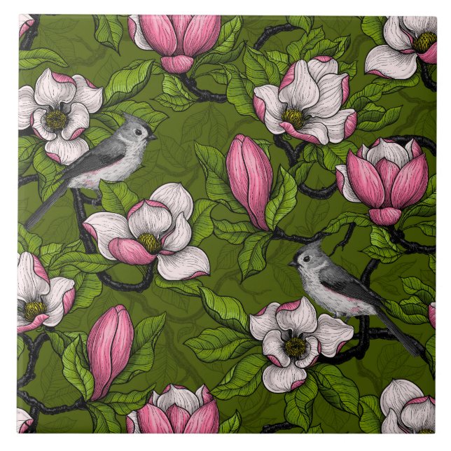 Blühende Magnolie und Titmausvogel 2 Fliese (Vorderseite)