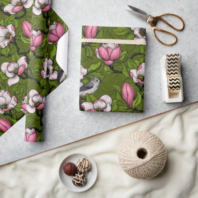 Blühende Magnolie und Titmausvogel 2 Geschenkpapier (Basteln)