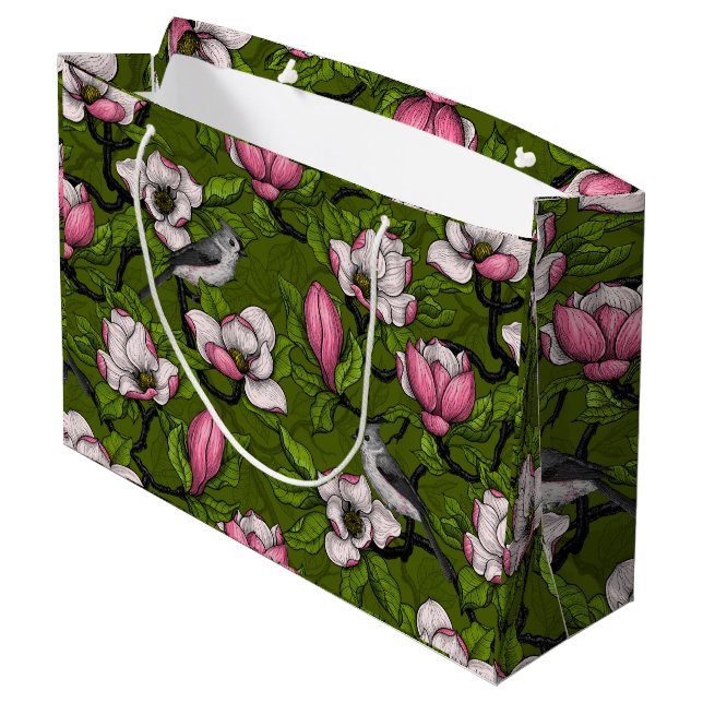Blühende Magnolie und Titmausvogel 2 Große Geschenktüte (Rückseite Schrägansicht)