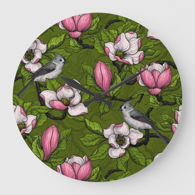 Blühende Magnolie und Titmausvogel 2 Große Wanduhr (Vorderseite)