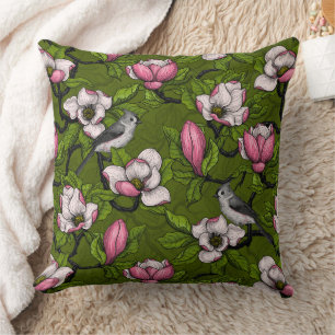Blühende Magnolie und Titmausvogel 2 Kissen