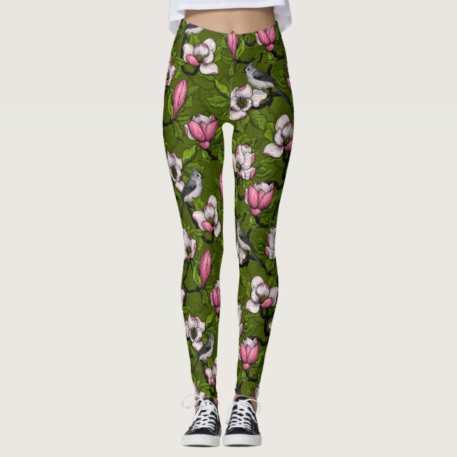 Blühende Magnolie und Titmausvogel 2 Leggings (Vorderseite)