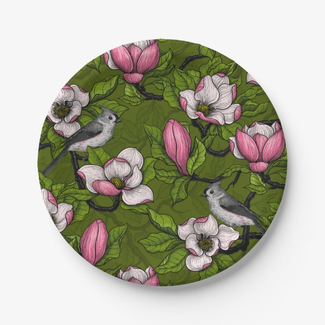 Blühende Magnolie und Titmausvogel 2 Pappteller (Vorderseite)