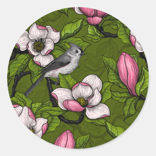 Blühende Magnolie und Titmausvogel 2 Runder Aufkleber (Vorderseite)