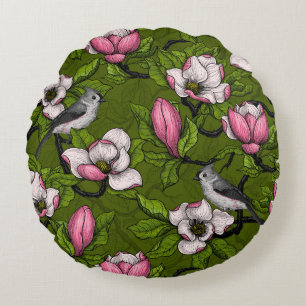 Blühende Magnolie und Titmausvogel 2 Rundes Kissen