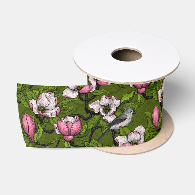 Blühende Magnolie und Titmausvogel 2 Satinband (Spule)
