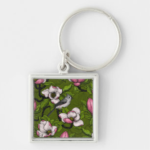 Blühende Magnolie und Titmausvogel 2 Schlüsselanhänger