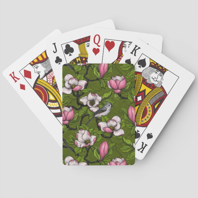 Blühende Magnolie und Titmausvogel 2 Spielkarten (Rückseite)