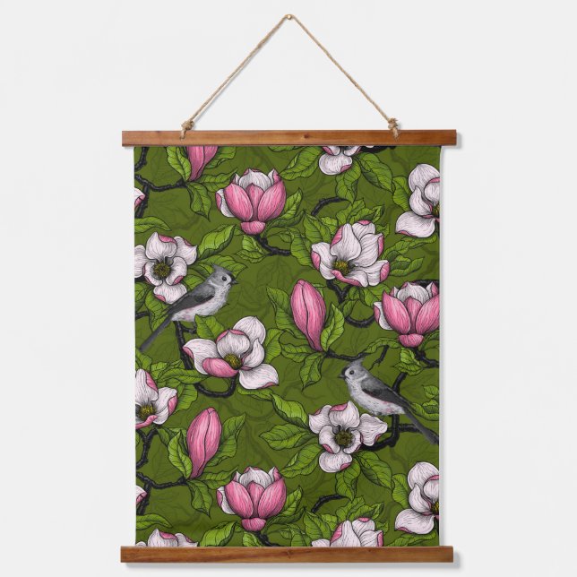 Blühende Magnolie und Titmausvogel 2 Wandteppich Mit Holzrahmen (Vorderseite)
