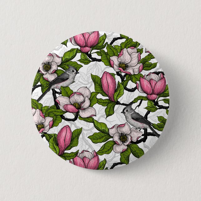 Blühende Magnolie und Titmausvogel Button (Vorderseite)